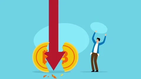 Man with coin cracked by red falling arrow cartoon animation Stock Footage 284234257