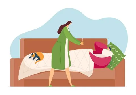 Man with cold lying in bed, flu season in couple, vector illustration. Cartoon Ilustração Stock