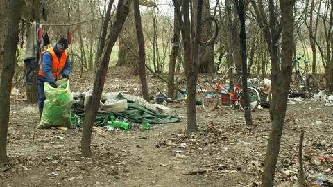 Man collect garbage bottles and rubbish gathers bag, forest black dump people Stock Footage 102417175