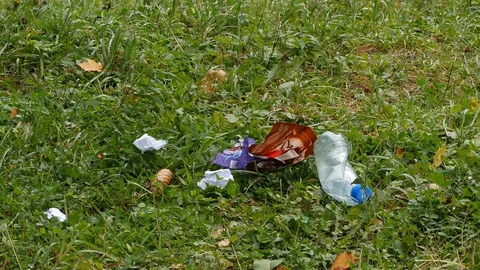 Man collects garbage on the grass Stock-Footage 95731706