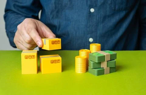 A man collects goods comparable in value to a stack of money. Balance of trad Stock Illustration