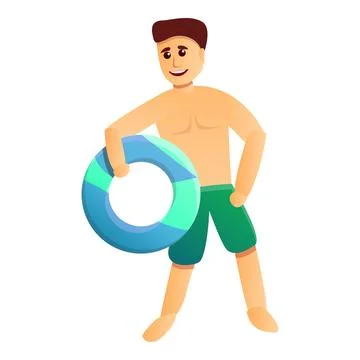 Man with colorful pool ring icon, cartoon style 스톡 일러스트