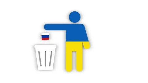 A man in the colors of the Ukrainian flag throws the Russian flag in the trash Stock Footage 172092931