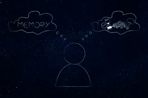 Man with comic bubbles with Memory text and icon made of light bulb gearwheel Stock Illustration