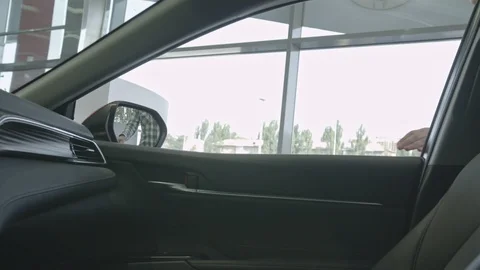 Man coming to car, touching door inside through open window. Video stock 99773085