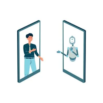 Man communicates with a chat bot online a flat isolated vector illustration Stock Illustration