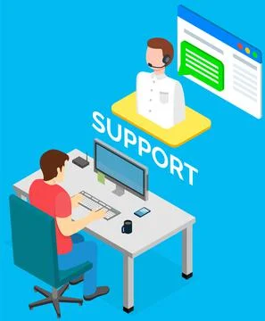Man communicates with technical support employee using laptop. Operator with Stock Illustration