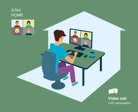 The man communicates via video link. Work from home. Live chat or video confe 스톡 일러스트