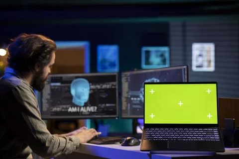 Man communicating with artificial intelligence emulating humans, mockup notebook Foto stock