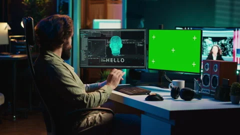 Man communicating with artificial intelligence through green screen computer Stock Footage 267044504