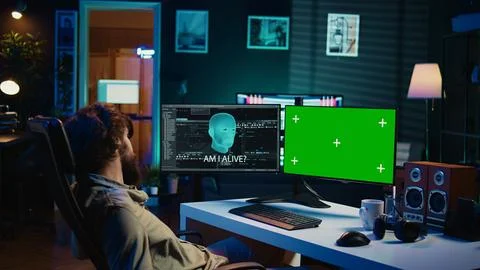 Man communicating with artificial intelligence through green screen computer 스톡 사진