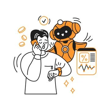 Man Communicating with Friendly Robot Assistant Stock Illustration