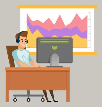 Man Communication with Pc, Chart Board Vector 스톡 일러스트