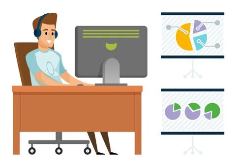 Man Communication with Pc, Chart Board Vector 스톡 일러스트