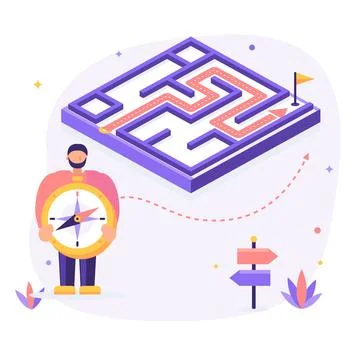 Man With Compass Navigating Through Maze Towards Goal Stock Illustration