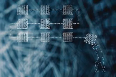 Man completing a group of block chains 스톡 일러스트