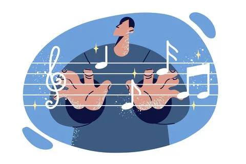 Man composer stands near notes symbolizing art of music or work in symphony Illustrazione stock