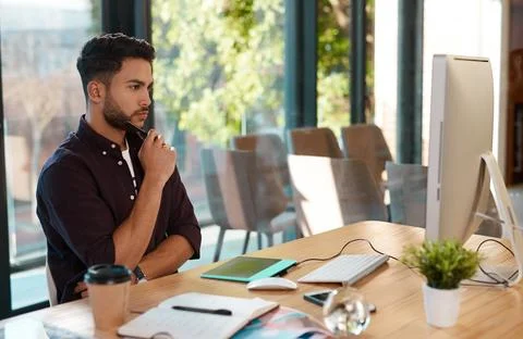 Man, computer and designer thinking of idea with a drawing pen at desk while Stock Photos