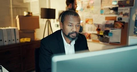 Man, computer and detective with reading for case, search for lead or problem Stock Photos