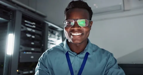 Man, computer and email on technology in server room, reflection and connection Stock Footage 266480377