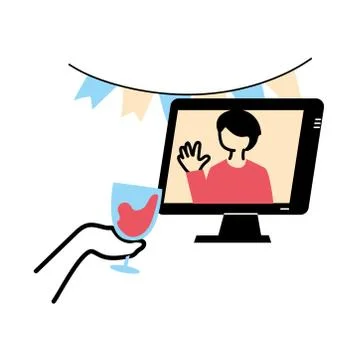 Man on computer and hand holding wine cup vector design Stock Illustration