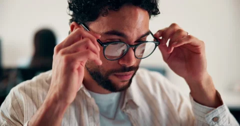 Man, computer and headache with glasses for eye strain, stress or deadline in Stock Footage 335925577