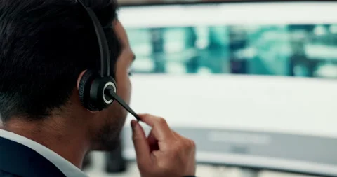 Man, computer and headset with consultation in office, back or discussion for Vídeo Stock 319652888