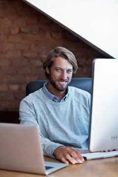 Man, computer and portrait for remote work in home, happy and programming with Stock Photos