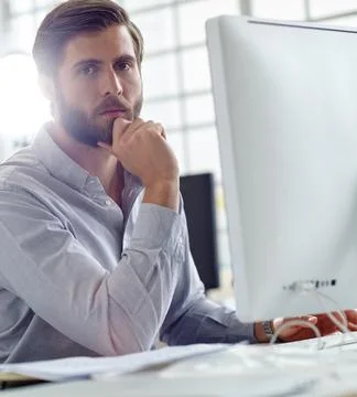 Man, computer and portrait in workplace, online administration and company Foto stock