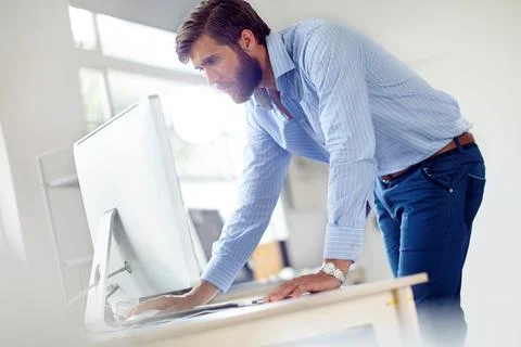 Man, computer and project in office, online administration and company website Stock Photos
