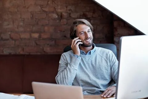 Man, computer and remote work in home office with phone call, smile and Stock Photos
