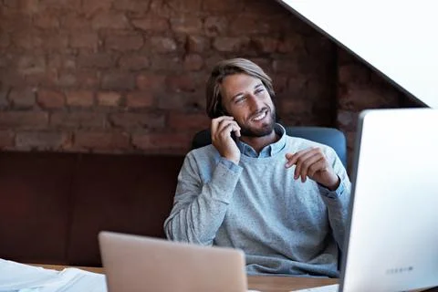 Man, computer and remote work in apartment with phone call, smile or financial Stock Photos