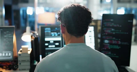 Man, computer and screen with developer coding in office for programming, system Stock Footage 309037076