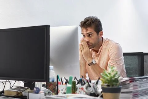 Man, computer and stress in office with reading, article error and missing .. Stock Photos