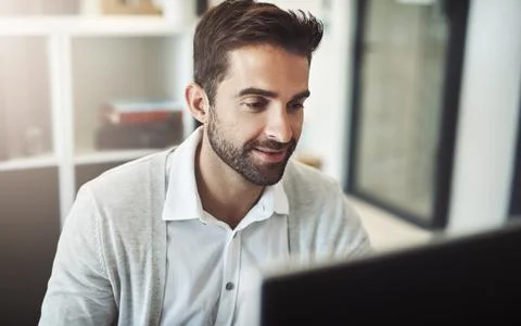 Man, computer and thinking on budget in office, accountant and online for Stock Photos