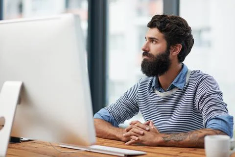 Man, computer and thinking as creative designer for programming software, idea Foto stock