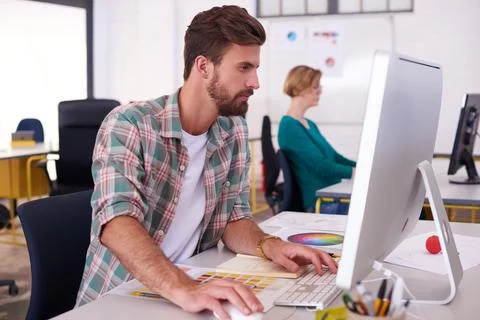 Man, computer and thinking in office for web design, creativity and business Stock Photos