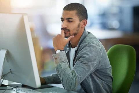 Man, computer and thinking for web design or research for software programming Stock Photos