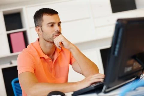 Man, computer and thinking of work from home project, planning and problem 스톡 사진
