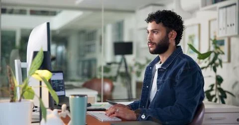Man, computer and typing in office for business, website development or feedback Stock Photos