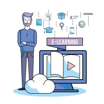 Man with computer book video to study Illustrazione stock