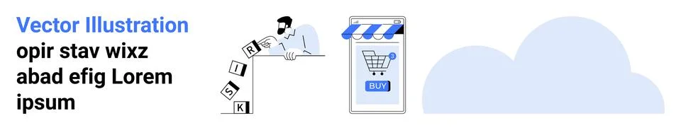 Man at computer with chart, blocks, and smartphone for shopping cart. Ideal f Stock Illustration