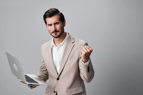 Man computer copyspace laptop model internet freelancer background job smiling 스톡 사진