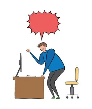 The man is at the computer desk and yelling frustrated. Vector illustration. Stock Illustration