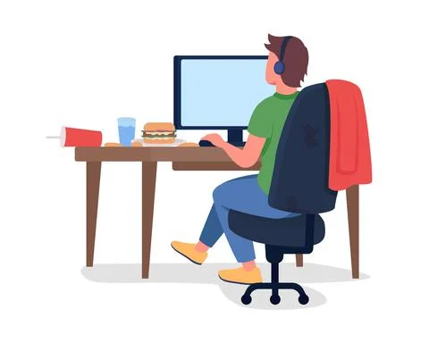 Man at computer desk semi flat color vector character Stock Illustration