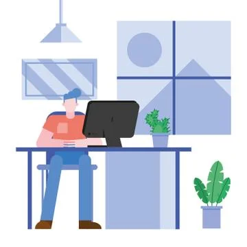 Man with computer at desk working from home vector design Illustrazione stock