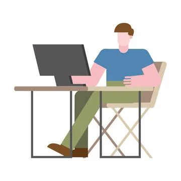 Man with computer at desk working from home vector design Stock Illustration