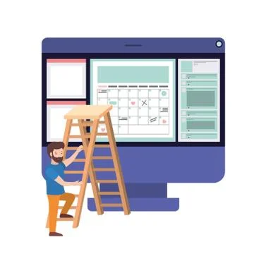 Man with computer desktop and ladder 스톡 일러스트