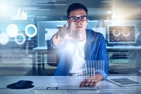 Man, computer engineering and portrait with overlay, code or innovation for Stock Photos