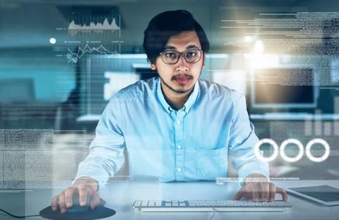 Man, computer engineering and portrait with overlay, code or innovation in web Stockfoto's